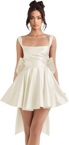 Stylefun فستان قصير من الساتان برقبة مربعة لحفلات العودة للوطن 2026 فستان HOCO مع فيونكة فستان حفلات كوكتيل STN023 in Kuwait