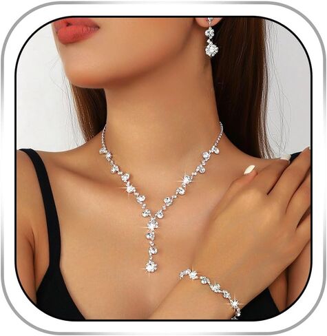 Gangel Bridal Wedding Necklace Set Silver Rhinestone Necklace Sets Crystal Earring and Bracelet Jewelry Prom for Women in Kuwait