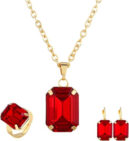 Fashion Color Crystal Jewelry Set Geometry Rectangle Pendant Rhinestone Necklace Rings and Drop Earrings for Women Ladies Gifts Gold Plated in Saudi Arabia