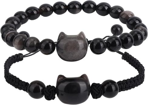 2pcs Cat Bracelet Set, Black Obsidian Beaded Bracelet Good Luck Adjustable Braided Rope Cat Jewelry for Men Women in Saudi Arabia