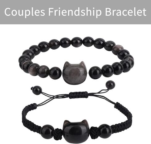 2pcs Cat Bracelet Set, Black Obsidian Beaded Bracelet Good Luck Adjustable Braided Rope Cat Jewelry for Men Women in Saudi Arabia