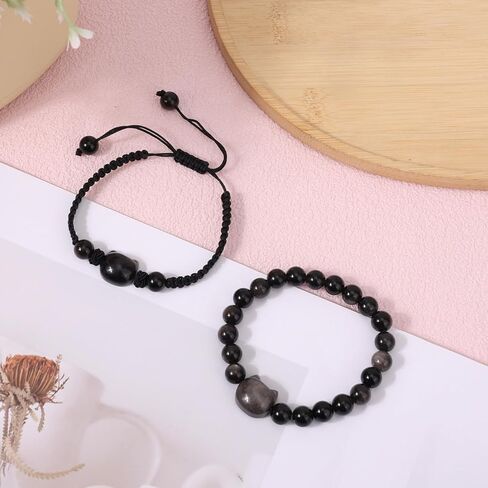 2pcs Cat Bracelet Set, Black Obsidian Beaded Bracelet Good Luck Adjustable Braided Rope Cat Jewelry for Men Women in Saudi Arabia