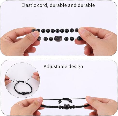 2pcs Cat Bracelet Set, Black Obsidian Beaded Bracelet Good Luck Adjustable Braided Rope Cat Jewelry for Men Women in Saudi Arabia