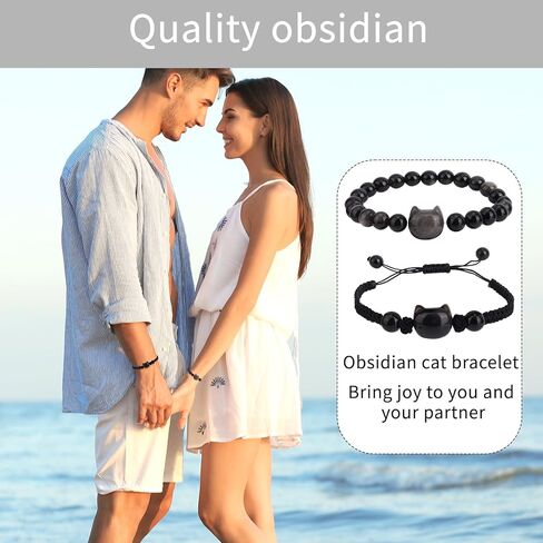 2pcs Cat Bracelet Set, Black Obsidian Beaded Bracelet Good Luck Adjustable Braided Rope Cat Jewelry for Men Women in Saudi Arabia
