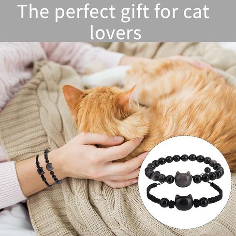 2pcs Cat Bracelet Set, Black Obsidian Beaded Bracelet Good Luck Adjustable Braided Rope Cat Jewelry for Men Women in Saudi Arabia