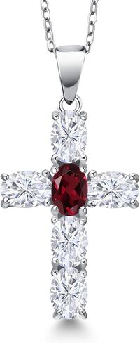 قلادة متقاطعة من الفضة الإسترليني عيار 925 من Gem Stone King مويسانيتي أبيض وعقيق رودوليت أحمر للنساء | 3.00 قيراط | جوهرة الميلاد الأحجار الكريمة | بيضاوي 6 × 4 مم | مع سلسلة 18 بوصة in Saudi Arabia