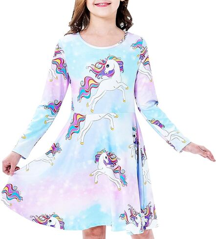 فستان للفتيات من Sunny Fashion فستان كاجوال بأكمام طويلة وقوس قزح وحيد القرن مقاس 3-8 in Kuwait
