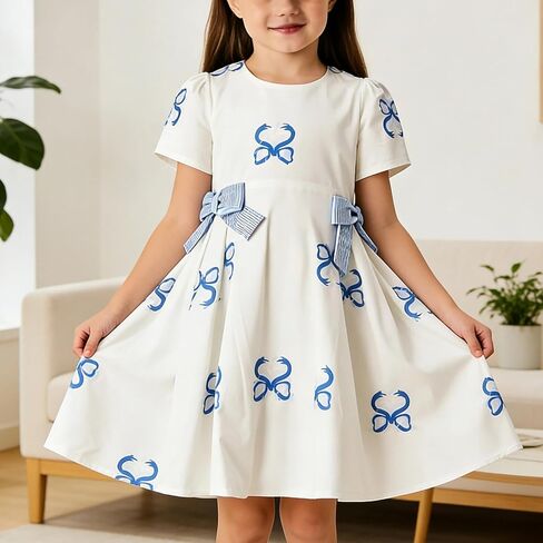 Girls' Short Sleeve A-Line Summer Dress Bow Print Bubble Sleeve Casual Party Dress Lightweight Versatile Daily 4-7Y in Saudi Arabia