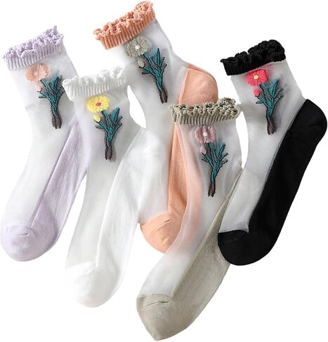 Starella Women Mesh Sheer Socks Floral Ruffle Transparent Nylon Lace Dress Sock 5 Pairs in Saudi Arabia
