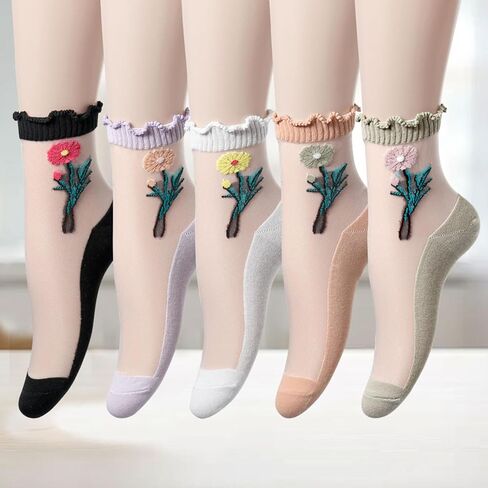 Starella Women Mesh Sheer Socks Floral Ruffle Transparent Nylon Lace Dress Sock 5 Pairs in Saudi Arabia