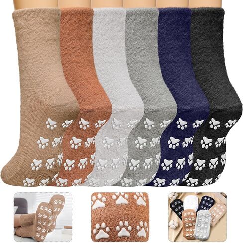 6 Pair Fuzzy Dog Socks for Women Slipper Socks Dog Mom Gifts Lovers Paw Print Funny Paw Soft Sleep with Grips Hospital Anti Slip in Saudi Arabia