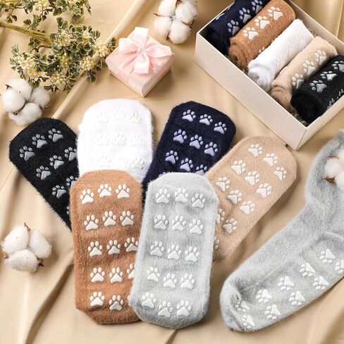 6 Pair Fuzzy Dog Socks for Women Slipper Socks Dog Mom Gifts Lovers Paw Print Funny Paw Soft Sleep with Grips Hospital Anti Slip in Saudi Arabia
