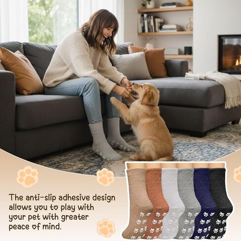 6 Pair Fuzzy Dog Socks for Women Slipper Socks Dog Mom Gifts Lovers Paw Print Funny Paw Soft Sleep with Grips Hospital Anti Slip in Saudi Arabia