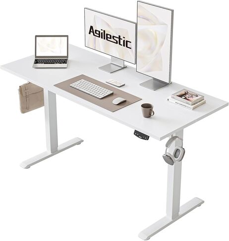 Height Adjustable Desk with Keyboard Tray, 55 x 24 Inches Electric Standing Desk, Stand up Computer Table with Memory Preset, White in Kuwait