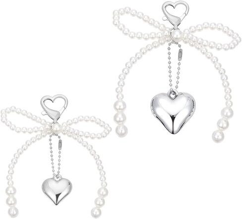 2Pcs 2 Sizes Bow Keychain for Purse Acrylic Imitation White Pearl Bowknot Keyrings Silver Heart Charm for Bag Ornaments Pendant Decorations in Saudi Arabia
