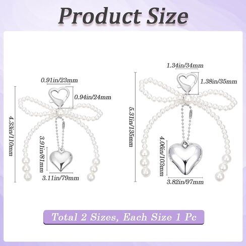 2Pcs 2 Sizes Bow Keychain for Purse Acrylic Imitation White Pearl Bowknot Keyrings Silver Heart Charm for Bag Ornaments Pendant Decorations in Saudi Arabia