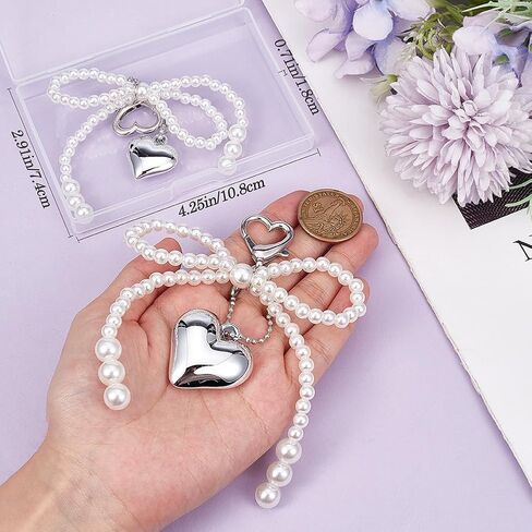 2Pcs 2 Sizes Bow Keychain for Purse Acrylic Imitation White Pearl Bowknot Keyrings Silver Heart Charm for Bag Ornaments Pendant Decorations in Saudi Arabia