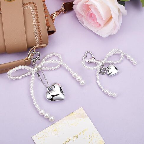 2Pcs 2 Sizes Bow Keychain for Purse Acrylic Imitation White Pearl Bowknot Keyrings Silver Heart Charm for Bag Ornaments Pendant Decorations in Saudi Arabia