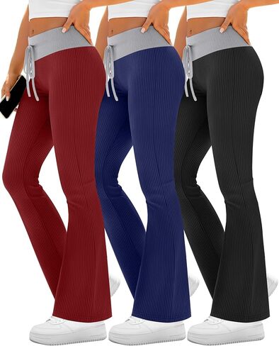 3 Pack Women's Flare Leggings Ribbed Knit Color Block Yoga Pants Bootcut Sweatpants Stretchy Bell Bottoms in Saudi Arabia
