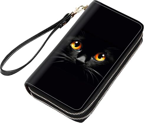 Cute Black Cat Face Print Women Large Capacity PU Leather Double Zipper Wallet, Multifunctional Clutch Purse for Cash/Card/Coin/Smart Phone in Saudi Arabia