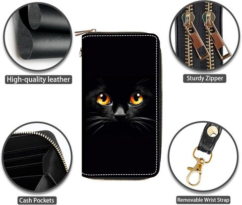 Cute Black Cat Face Print Women Large Capacity PU Leather Double Zipper Wallet, Multifunctional Clutch Purse for Cash/Card/Coin/Smart Phone in Saudi Arabia