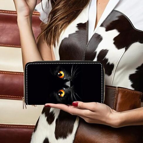 Cute Black Cat Face Print Women Large Capacity PU Leather Double Zipper Wallet, Multifunctional Clutch Purse for Cash/Card/Coin/Smart Phone in Saudi Arabia