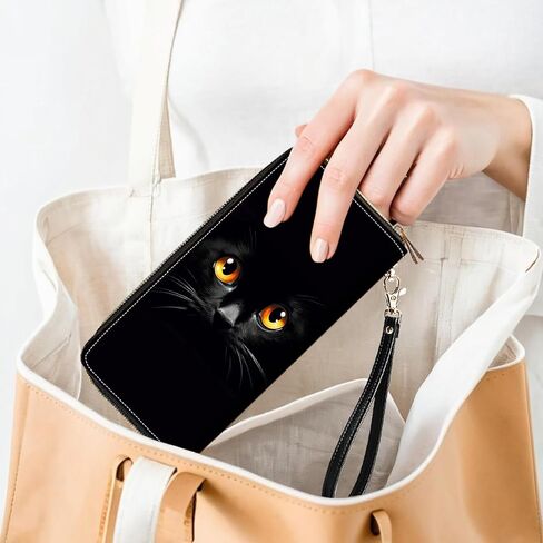 Cute Black Cat Face Print Women Large Capacity PU Leather Double Zipper Wallet, Multifunctional Clutch Purse for Cash/Card/Coin/Smart Phone in Saudi Arabia