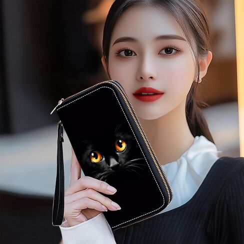 Cute Black Cat Face Print Women Large Capacity PU Leather Double Zipper Wallet, Multifunctional Clutch Purse for Cash/Card/Coin/Smart Phone in Saudi Arabia