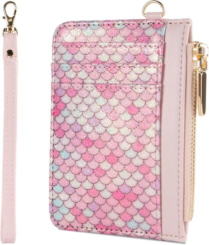 Small Wallet Mermaid RFID Protected Leather Credit Card Holder Slim Wristlet Strap Wallet with Zipper Pocket, Card Organizer for Women Girls(Light Purple) in Kuwait