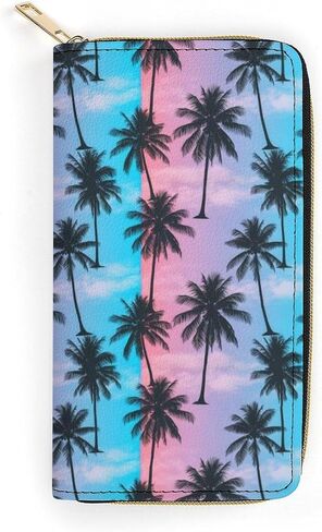 Unisex Large Capacity Leather Wallet Purple Sky Palm Trees, Secure Lightweight Printed Design, Portable Purse for Daily Use & Outdoor Activities in Saudi Arabia