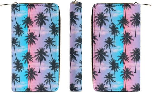 Unisex Large Capacity Leather Wallet Purple Sky Palm Trees, Secure Lightweight Printed Design, Portable Purse for Daily Use & Outdoor Activities in Saudi Arabia