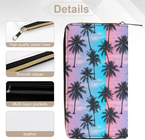 Unisex Large Capacity Leather Wallet Purple Sky Palm Trees, Secure Lightweight Printed Design, Portable Purse for Daily Use & Outdoor Activities in Saudi Arabia