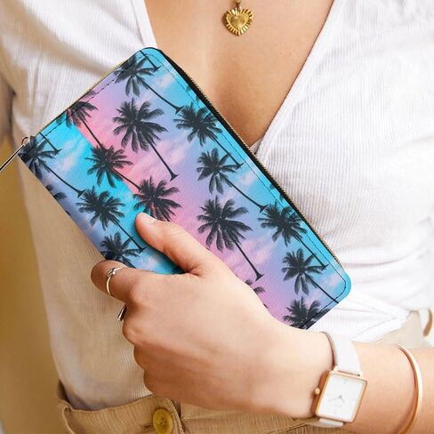 Unisex Large Capacity Leather Wallet Purple Sky Palm Trees, Secure Lightweight Printed Design, Portable Purse for Daily Use & Outdoor Activities in Saudi Arabia