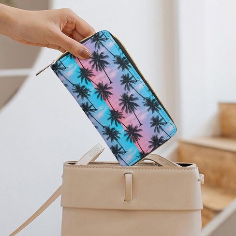 Unisex Large Capacity Leather Wallet Purple Sky Palm Trees, Secure Lightweight Printed Design, Portable Purse for Daily Use & Outdoor Activities in Saudi Arabia