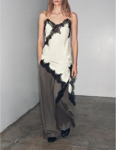 Women Silk Satin Extra Long Camisole Lace Asymmetrical Trim Cami Tank Crop Tops Y2k Silky High Low Lace Slip Dress in Saudi Arabia