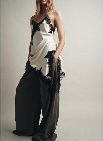 Women Silk Satin Extra Long Camisole Lace Asymmetrical Trim Cami Tank Crop Tops Y2k Silky High Low Lace Slip Dress in Saudi Arabia