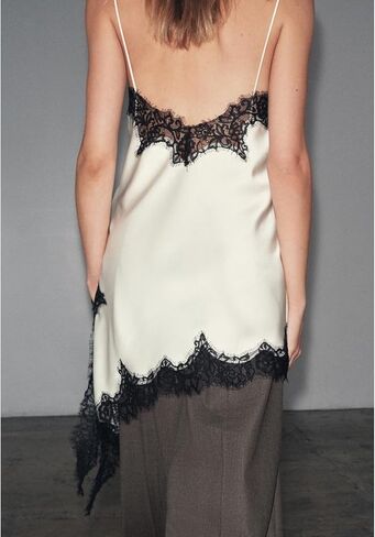 Women Silk Satin Extra Long Camisole Lace Asymmetrical Trim Cami Tank Crop Tops Y2k Silky High Low Lace Slip Dress in Saudi Arabia