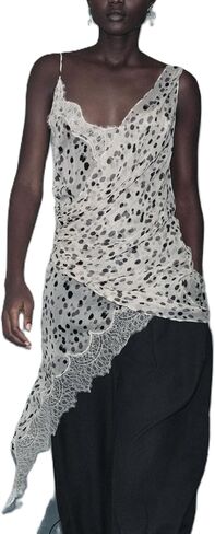 Women Silk Satin Extra Long Camisole Lace Asymmetrical Trim Cami Tank Crop Tops Y2k Silky High Low Lace Slip Dress in Saudi Arabia