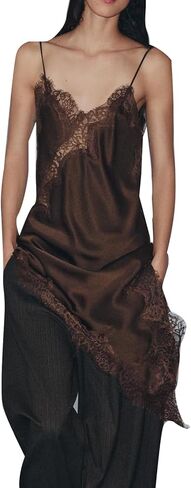 Women Silk Satin Extra Long Camisole Lace Asymmetrical Trim Cami Tank Crop Tops Y2k Silky High Low Lace Slip Dress in Saudi Arabia
