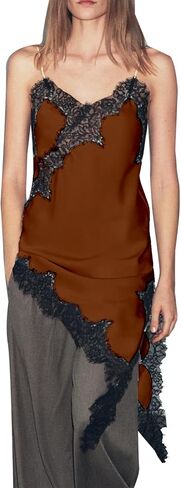 Women Silk Satin Extra Long Camisole Lace Asymmetrical Trim Cami Tank Crop Tops Y2k Silky High Low Lace Slip Dress in Saudi Arabia