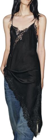 Women Silk Satin Extra Long Camisole Lace Asymmetrical Trim Cami Tank Crop Tops Y2k Silky High Low Lace Slip Dress in Saudi Arabia