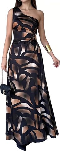 One Shoulder Dress for Women 2025 Summer Print Sleeveless Cut Out Ruched Party Bodycon Maxi Dresses in Saudi Arabia
