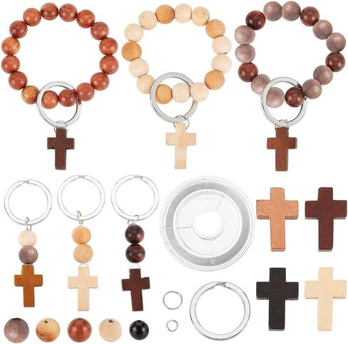 SUNNYCLUE 250Pcs Wood Cross Charms Easter Holiday Small Cross Beads Bulk Wooden Round Beads Unfinished Wood Bead 10mm Beading Keychain Making Kit Mini Cross Charm for Keychains Bracelets DIY Craft in Saudi Arabia