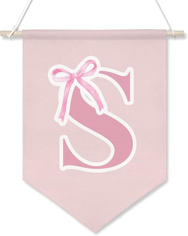 Personalized Canvas Hanging Pennant Flag Banner,Preppy Pink Bow Hanging Flag for Little Girls,Children's Room Wall Decor,Cute Monogrammed Gifts for Girls’ Bedroom,Nursery or Dorm,16x10.8In (Pink-S) in Saudi Arabia