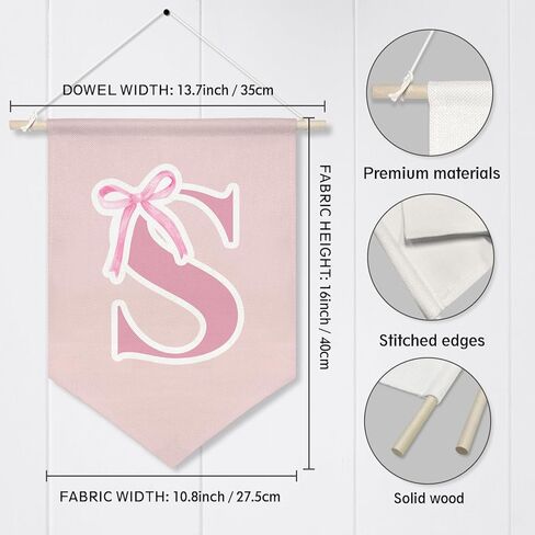 Personalized Canvas Hanging Pennant Flag Banner,Preppy Pink Bow Hanging Flag for Little Girls,Children's Room Wall Decor,Cute Monogrammed Gifts for Girls’ Bedroom,Nursery or Dorm,16x10.8In (Pink-S) in Saudi Arabia