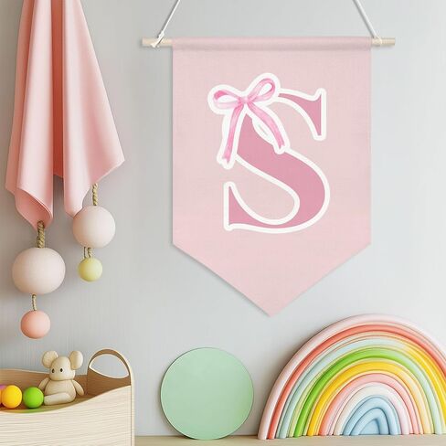 Personalized Canvas Hanging Pennant Flag Banner,Preppy Pink Bow Hanging Flag for Little Girls,Children's Room Wall Decor,Cute Monogrammed Gifts for Girls’ Bedroom,Nursery or Dorm,16x10.8In (Pink-S) in Saudi Arabia