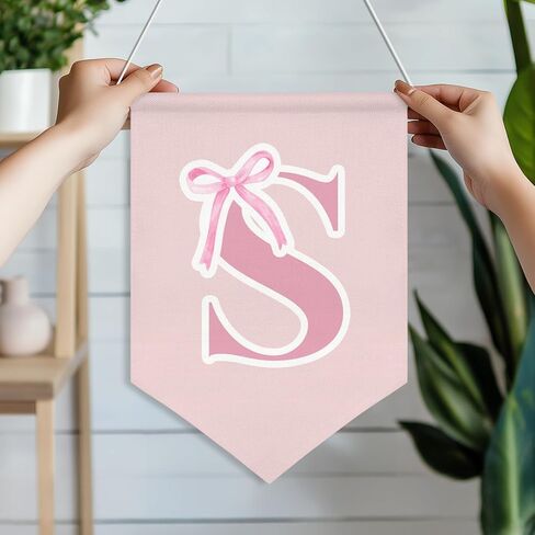 Personalized Canvas Hanging Pennant Flag Banner,Preppy Pink Bow Hanging Flag for Little Girls,Children's Room Wall Decor,Cute Monogrammed Gifts for Girls’ Bedroom,Nursery or Dorm,16x10.8In (Pink-S) in Saudi Arabia