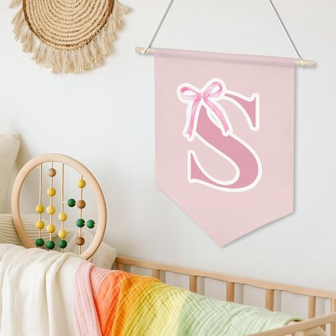 Personalized Canvas Hanging Pennant Flag Banner,Preppy Pink Bow Hanging Flag for Little Girls,Children's Room Wall Decor,Cute Monogrammed Gifts for Girls’ Bedroom,Nursery or Dorm,16x10.8In (Pink-S) in Saudi Arabia