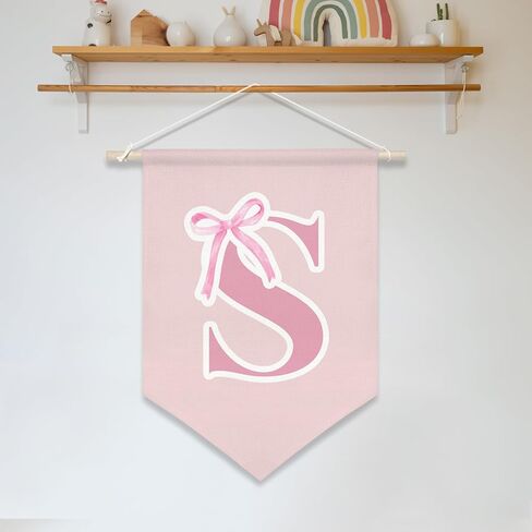 Personalized Canvas Hanging Pennant Flag Banner,Preppy Pink Bow Hanging Flag for Little Girls,Children's Room Wall Decor,Cute Monogrammed Gifts for Girls’ Bedroom,Nursery or Dorm,16x10.8In (Pink-S) in Saudi Arabia
