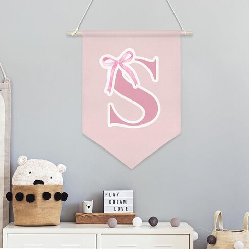Personalized Canvas Hanging Pennant Flag Banner,Preppy Pink Bow Hanging Flag for Little Girls,Children's Room Wall Decor,Cute Monogrammed Gifts for Girls’ Bedroom,Nursery or Dorm,16x10.8In (Pink-S) in Saudi Arabia